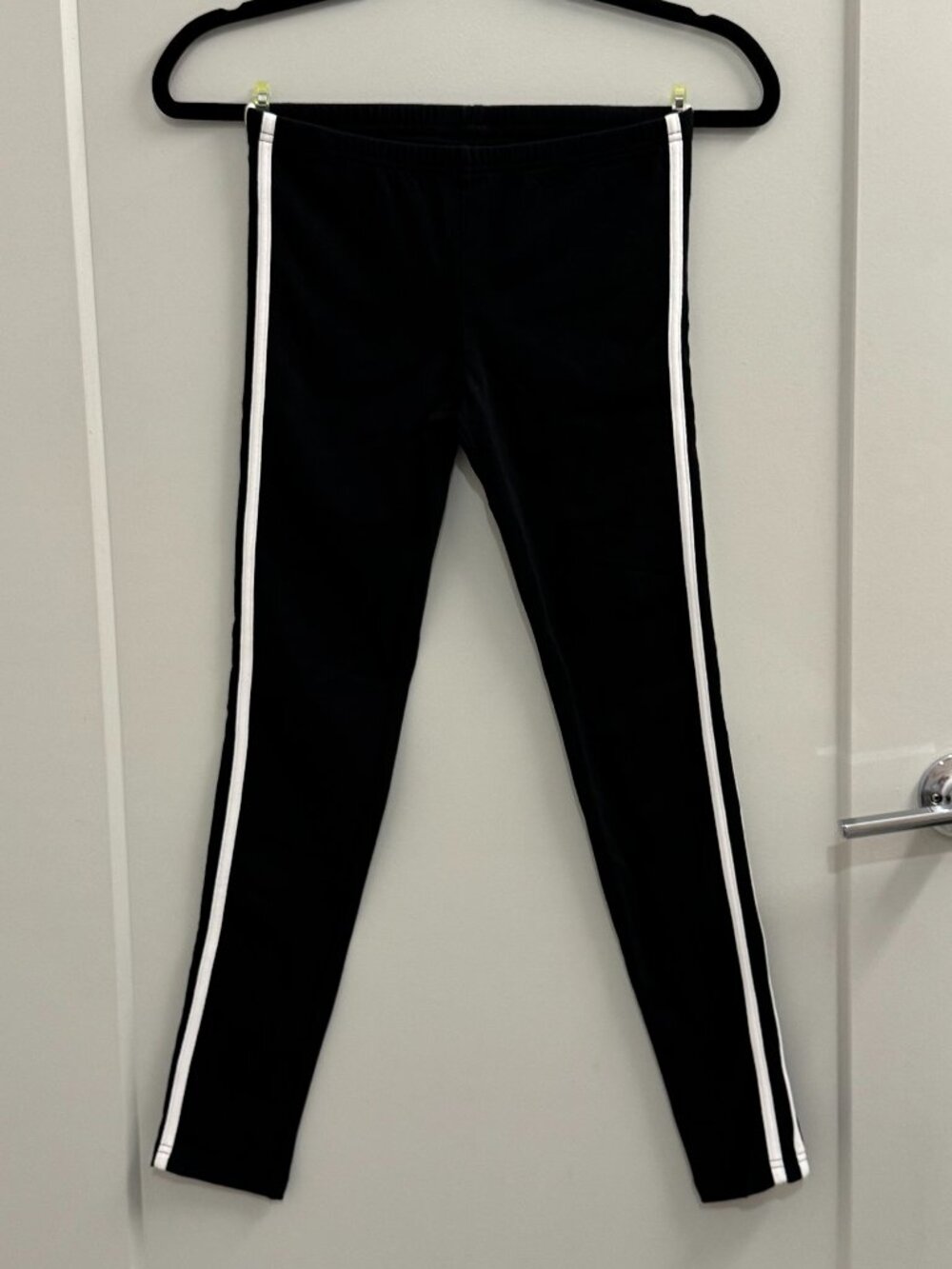 Women's Size Small Black Workout Leggings with White Double Leg Stripes